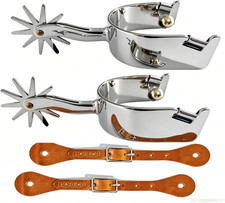 Western Cowboy Spurs, German Silver Horse Boot Spurs with 6-Hole Leather Spur St picture