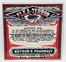 Vintage Boyson's Pharmacy Flea Terror Keeping Away Mosquitos Paper Label USA picture