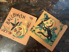 vintage Two halloween paper napkins - Jack-o-lanterns ; Black Cat;  Owl picture