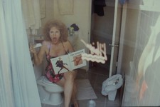 1980s Woman Swimsuit Reading Magazine on Toilet Bathroom Candid 35mm Slide picture