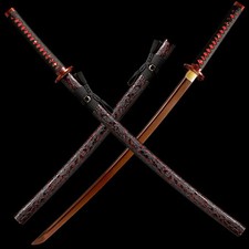 HandForged Japanese Samurai Katana Sword Full Tang Damascus Steel Red Blade picture