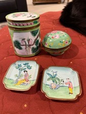vintage Chinese enameled brass boxes ,trays lot. Birds and people picture
