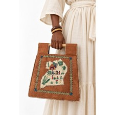 Vintage ‘60s/‘70s Handmade Ugandan Folk Art Barkcloth Raffia Cane Handle Handbag picture