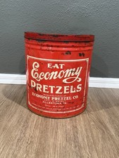 Eat Economy Pretzels Tin Vintage Allentown Pennsylvania 13.5” Tall Large Tin Can picture