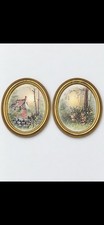 Pair Oval Gold-Tone Framed Woodland Cottage Floral Prints 19” x 15” Vintage  picture