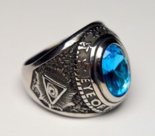 HUGE  MEN'S MASONIC - EYE OF PROVIDENCE - LODGE RING WITH BLUE CRYSTAL picture