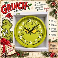 Dr. Seuss 2026 Green Grinch Face Wall Clock Holiday Christmas Decor NIB picture