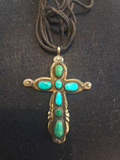 Historic Vintage Zuni Horace Iule Sterling Silver & Turquoise Cross Pendant picture