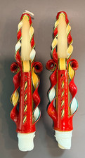 Vintage 6.5” Hand Carved Ribbon Wax Art Taper Candle Pair Unburned Christmas picture