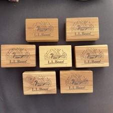 VTG LL Bean Cedar Wood Block Lot of 7 Duck Embossed Wood Home Decor 3.15” W/ Bag picture