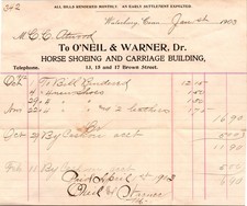 1903 ADV BILLHEAD WATERBURY CONNECTICUT O'NEIL & WARNER BLACKSMITH HORSESHOE picture
