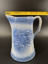 Antique Salt Glazed Blue White Stoneware Pitcher Embossed Birds picture