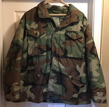 VTG 1987 M-65 Cold Weather Woodland Camo Field Jacket Coat XL Regular With Liner picture