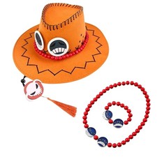 One Piece Portgas D Ace Cowboy Hat Bracelet Necklace Bundle Set Cosplay Costume picture