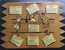 Vintage Wood Bar Plaque of Cocktail Recipies and Characters Leaning on the Bar picture