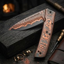 Luxury Copper Damascus Folding Knife–Handmade Cu Mai Pocket Knife EDC Gift picture