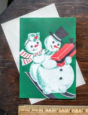 Vintage Snow Couple Christmas Greeting Card wEnv Glitter UNUSED 1950's Unprinted picture