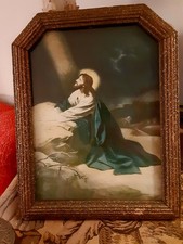 Vintage Art Deco Unique Framed Jesus Praying in Garden Gethsemane Litho Print   picture
