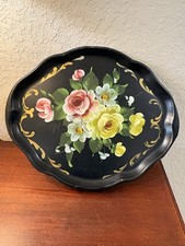 Vintage Toleware Black Metal Hand painted Flower Design Tray picture