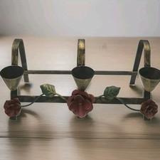 Vintage Candelabra Tole Cast Iron Hand Painted  3 Candlestick Holders Flowers picture