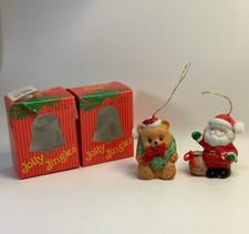 Vintage Jolly Jingles Hand Painted Santa & Teddy Ornament Christmas Bells w Box picture