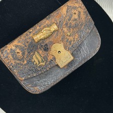 RARE Antique 19thC Fraternal Leather Coin Purse Wallet Odd Fellows ~ Free Masons picture