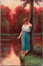 Ad. Liebscher Art Postcard Melancholy Woman Lake Red Trees Negler L picture
