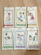 Vtg UNUSED Days of the Week Kitchen Towel Set Hand Stitched Dutch Girl Mon-Sat picture