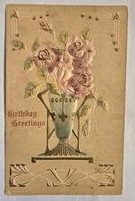 Birthday Greetings Flowers In Vase Art Nouveau Antique Unused Postcard F1  picture