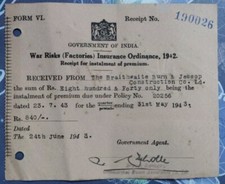 India 1942 WW II  WAR Risks (Factories) Insurance Ordinance Receipt For Premium  picture