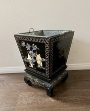 Chinese Black Lacquer Planter/bin/trash Can With Mother-of-pearl Figures 17” picture