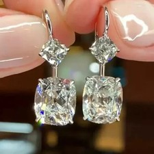 3Ct Cushion Lab Created Diamon Womens Drop Dangle Earrings 14K White Gold Plated picture
