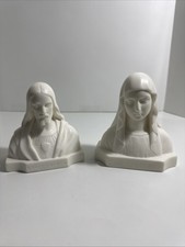 Vintage France Chalkware Jesus & Lady Of Lourdes Bust By CH. Maillard Rare  picture