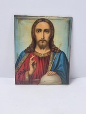 Vintage Icon Lithography On An Old Board of Christ Almighty Ukraine Rare 18x22.5 picture