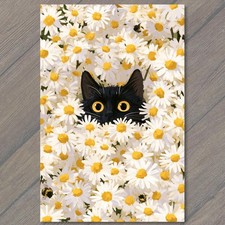 POSTCARD Cat Daisies Garden Peek Black Kitty Wide Eyes Bumblebee Flowers Floral picture