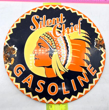 Vintage Silent Chief Gasoline Sign Motor Oil Gas Pump Porcelain Sign 6