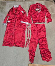 Vintage Japanese Embroidered Red Satin Pajamas Set Robe Pants Shirt Women’s M picture