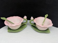 Vtg Cosmos Gifts Fine Porcelain Pink Hibiscus Flower Teacup Saucer Spoon Set picture