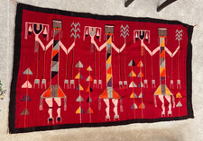 Vintage Navajo Three Figure Yei Rug 46x77 inch Wool Weaving Red picture