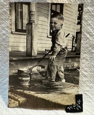 Vtg 1933 Photo Americana Farm Boy Mopping The Stoop-Beef Brains Bucket Overalls picture