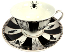 Park Chateau Halloween Tea Cup Saucer Set Spider Bat Raven Web Black Gold New picture