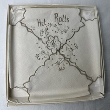 HOT ROLLS Bread Basket Liner Embroidered Linen Ecru Scallop Edge Needlework picture