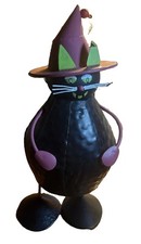 Halloween Bobble Body Black Cat Witch Metal Figurine Pink Hat Folk Art Decor 10” picture