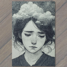 POSTCARD Melancholy Girl Cloud Hair Pencil Drawing Poetic Sad Surreal Style picture
