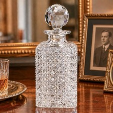 Dazzling Large Heavy Antique Cut Crystal Decanter Faceted Sphere Stopper Barware picture