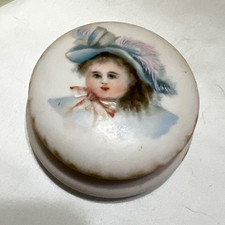 T&V France Porcelain Powder Jar w/ Lid Hand-Painted Lady Portrait 3 in Dia picture