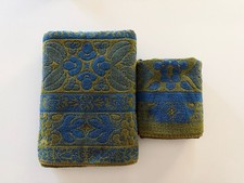 Vtg Stevens Utica 2 PCs Bath / Guest Towels Fine Arts Sculpted Blue & Green MCM picture