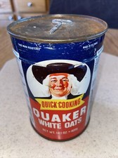 VINTAGE NOS QUICK COOKING QUAKER WHITE OATS TIN 14.1oz Canister Snack Can #B picture