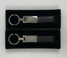 Genuine Audi Leather & Metal Keychain Premium Chrome Key Fob Ring Set of 2 picture