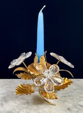 Vtg Italian Gilt Tole Crystal Floral Toleware Arrangement Sculpture candle holde picture